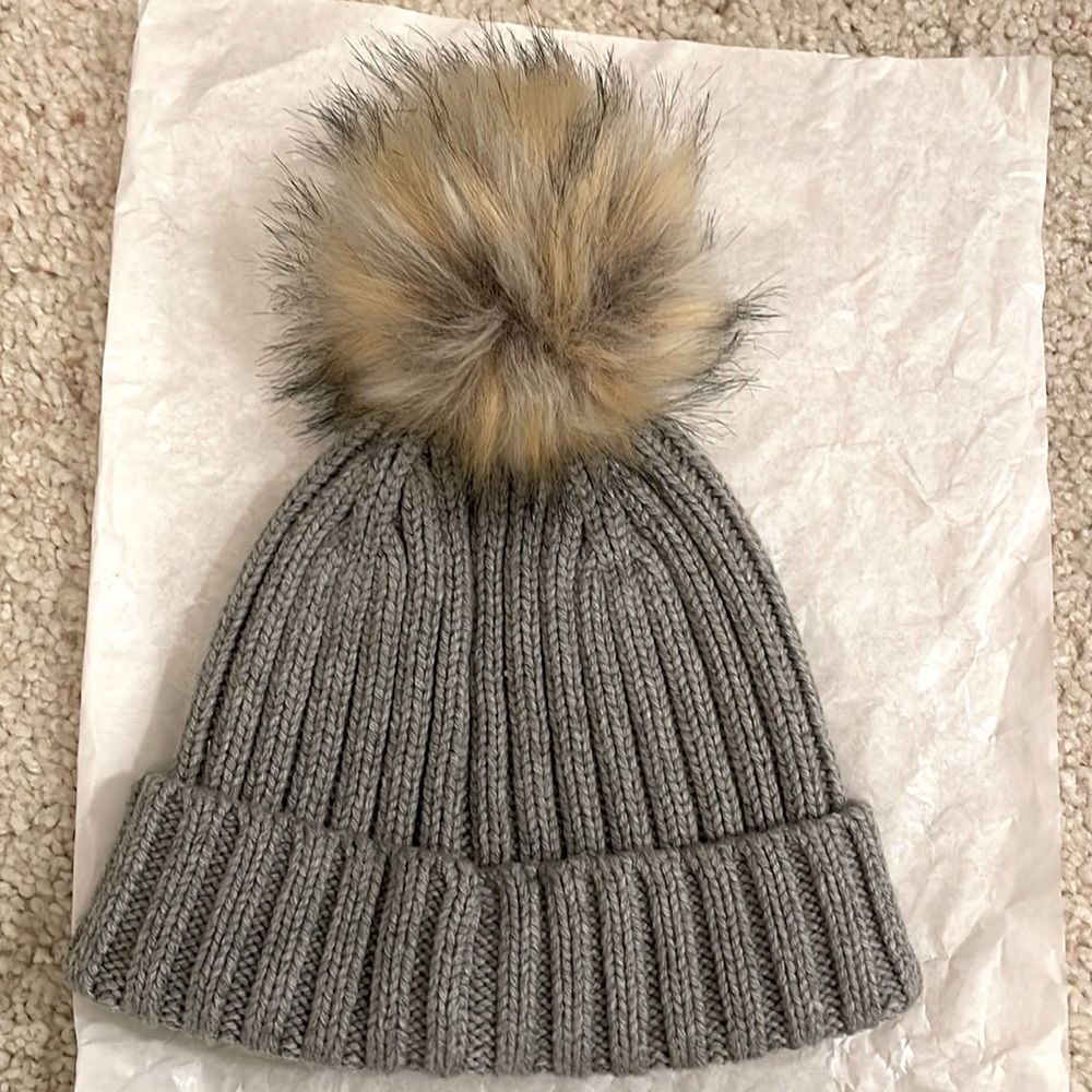 J Crew grey rib knit beanie with Pompom